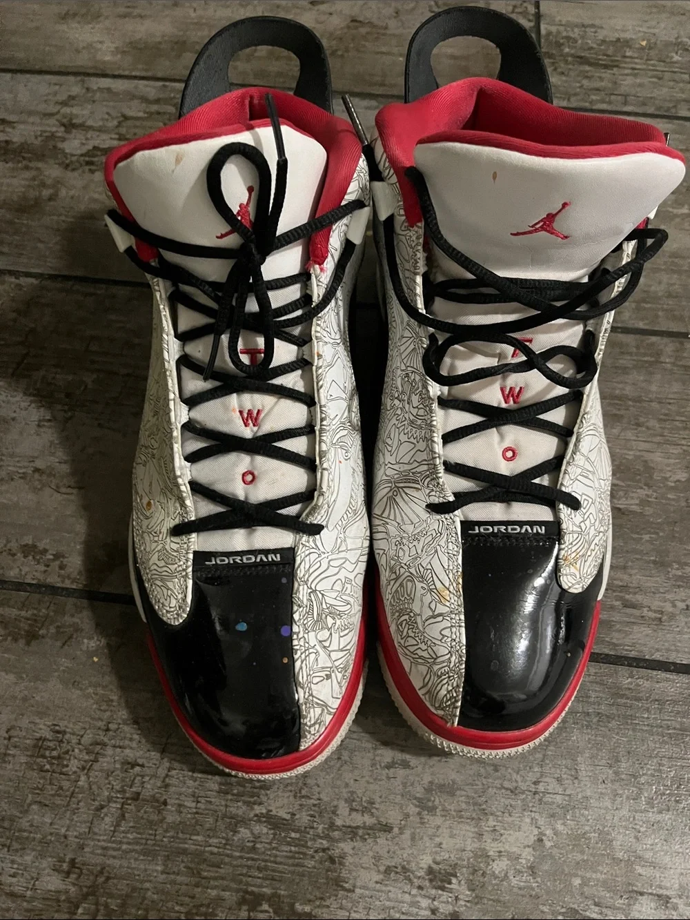 Jordan White Black Red Graphic-Pattern Basketball Sneakers